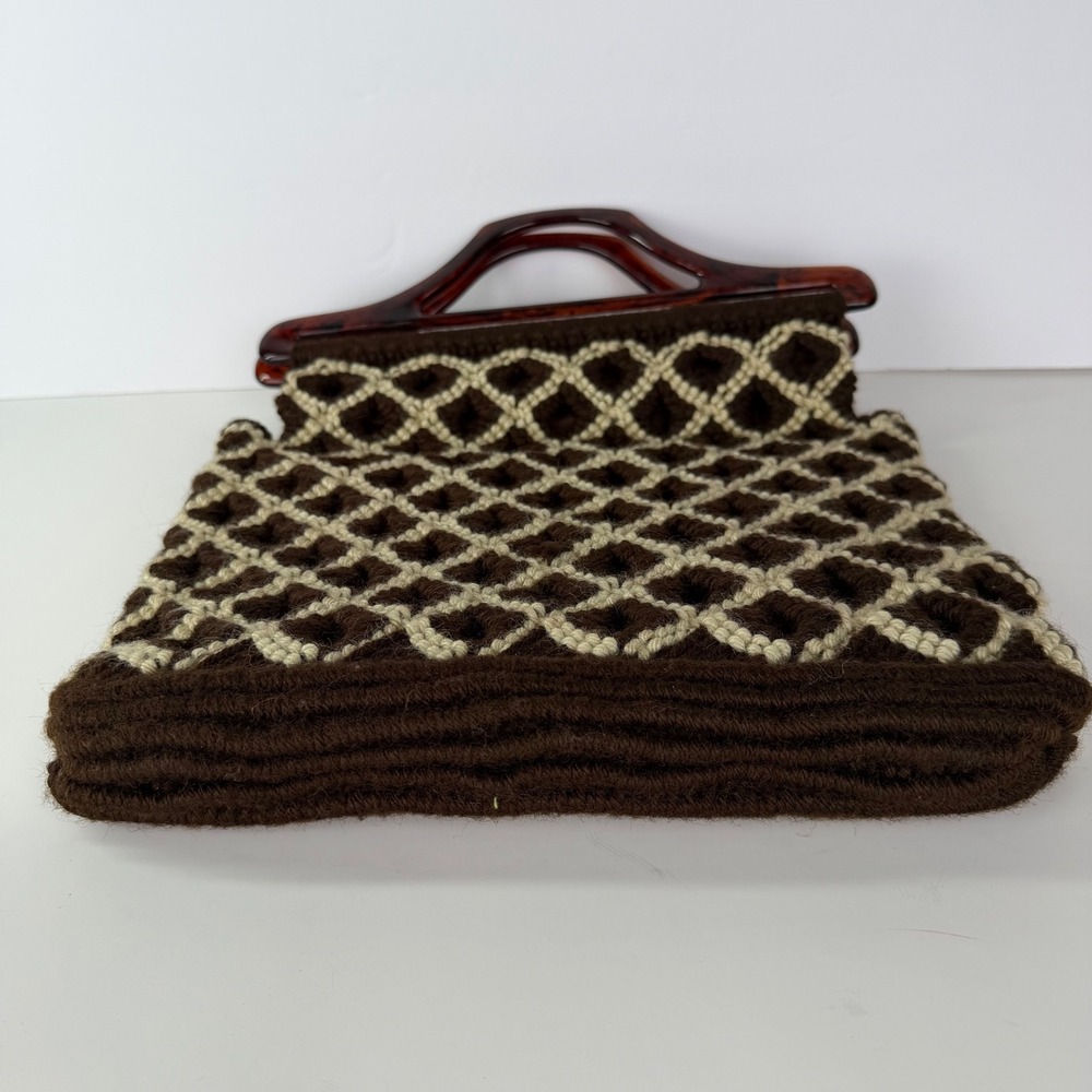 Vintage 70s Wool Handbag Brown Cream Diamond Pattern Tortoiseshell Handle Bag - Picture 3 of 10